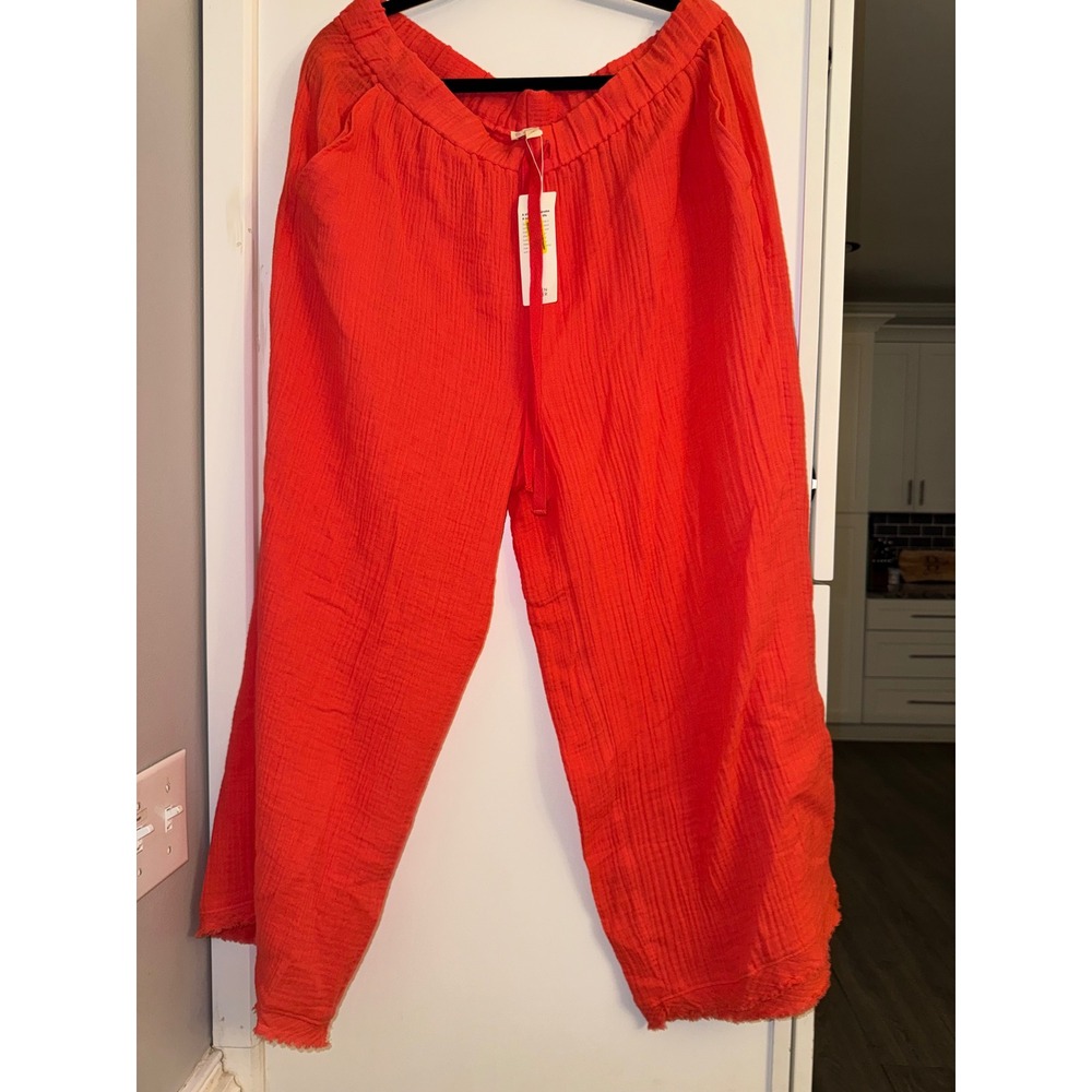 Eileen Fisher Women L Organic Cotton Gauze Wide Leg Drawstring Pants Poppy new